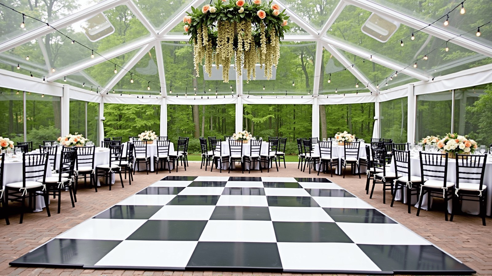 Checkered dance floor set up under a tent at an outdoor Philadelphia area reception