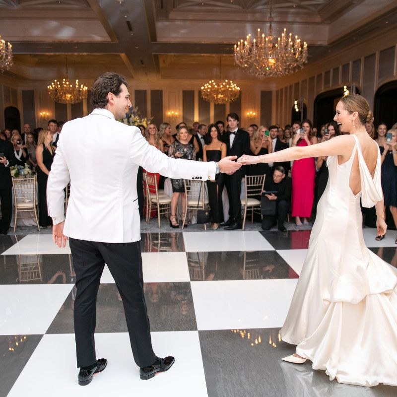 Close up of a custom printed vinyl wrap dance floor design at a Philadelphia wedding