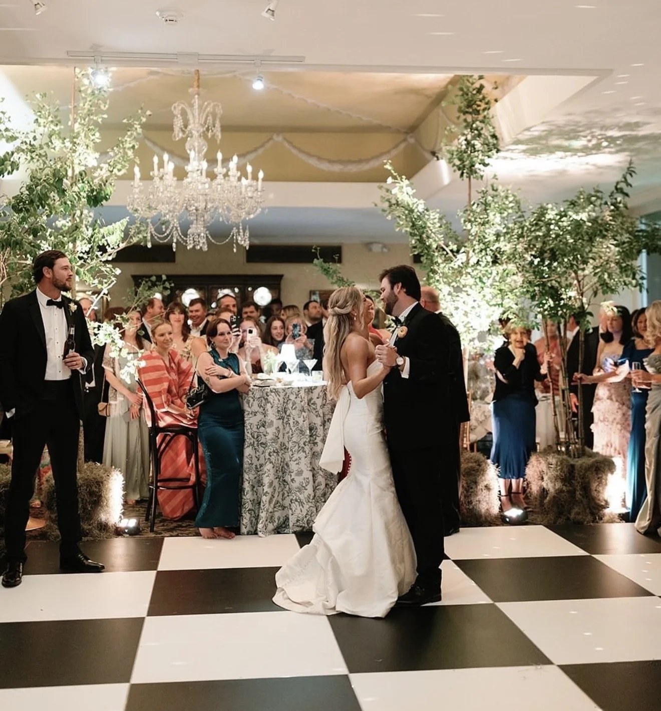 Checkered dance floor set up at a museum venue reception in Philadelphia